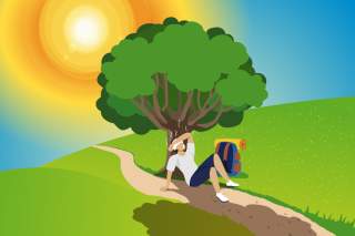 Illustration: Die Sonne brennt am stahlblauen Himmel. Eine Wanderin sitzt unter einem Baum und hält mit der Hand ein kühlendes Handtuch auf der Stirn.
