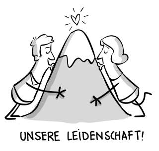 Graphik zeigt zwei Figuren, die gemeinsam einen Berg küssen. Darüber ein Herz.