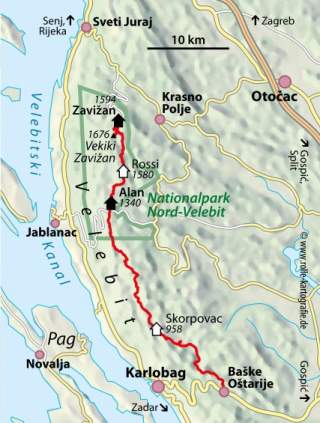 Karte mit eingezeichneter Route durch das Velebit