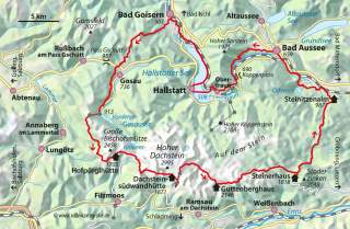 Karte mit eingezeichneter Route rund um den Dachstein