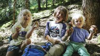 Drei Kinder sitzen auf dem Waldboden mit Pilzen in der Hand.