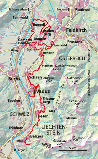 Karte mit eingezeichneter Route durch Liechtenstein