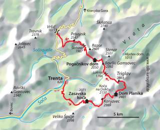 Karte mit eingezeichneter Route durch den Triglav Nationalpark