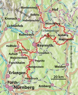 Karte mit eingezeichneter Route auf dem Fränkischen Gebirgsweg