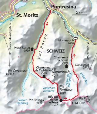 Karte mit Route auf Piz Bernina
