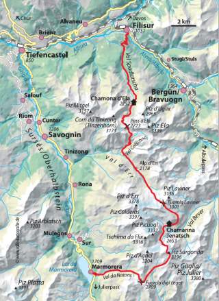 Karte mit eingezeichneter Route der Skidurchquerung Albula