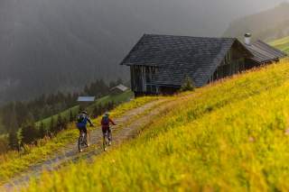 Zwei Menschen fahren auf Mountainbikes durch Almgebiet