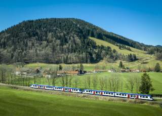 Ein Regionalzug (weiß-blau-rot) fährt durch eine Voralpenlandschaft mit saftig grünen Wiesen.