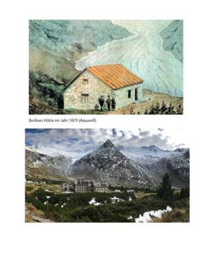 Vergleichsbilder, auf denen zu sehen ist, wie weit der Gletscher hinter der Berliner Hütte in einem Jahrhundert zurückgegangen ist.