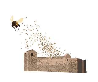 Illustration von Bienen über Klostermauer