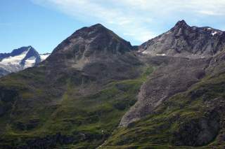 Vor einem Berg ergießt sich ein grau-brauner, sogenannter Blockeislgetscher über grüne Bergmatten.