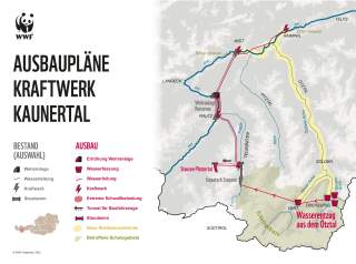 Geplante Maßnahmen für den Ausbau des Wasserkraftwerks im Ötztal, Kaunertal und Platzertal. Quelle: WWF