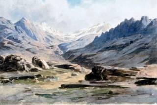 Der Pass Kiungar als Aquarell von Adolph Schlagintweit 1855